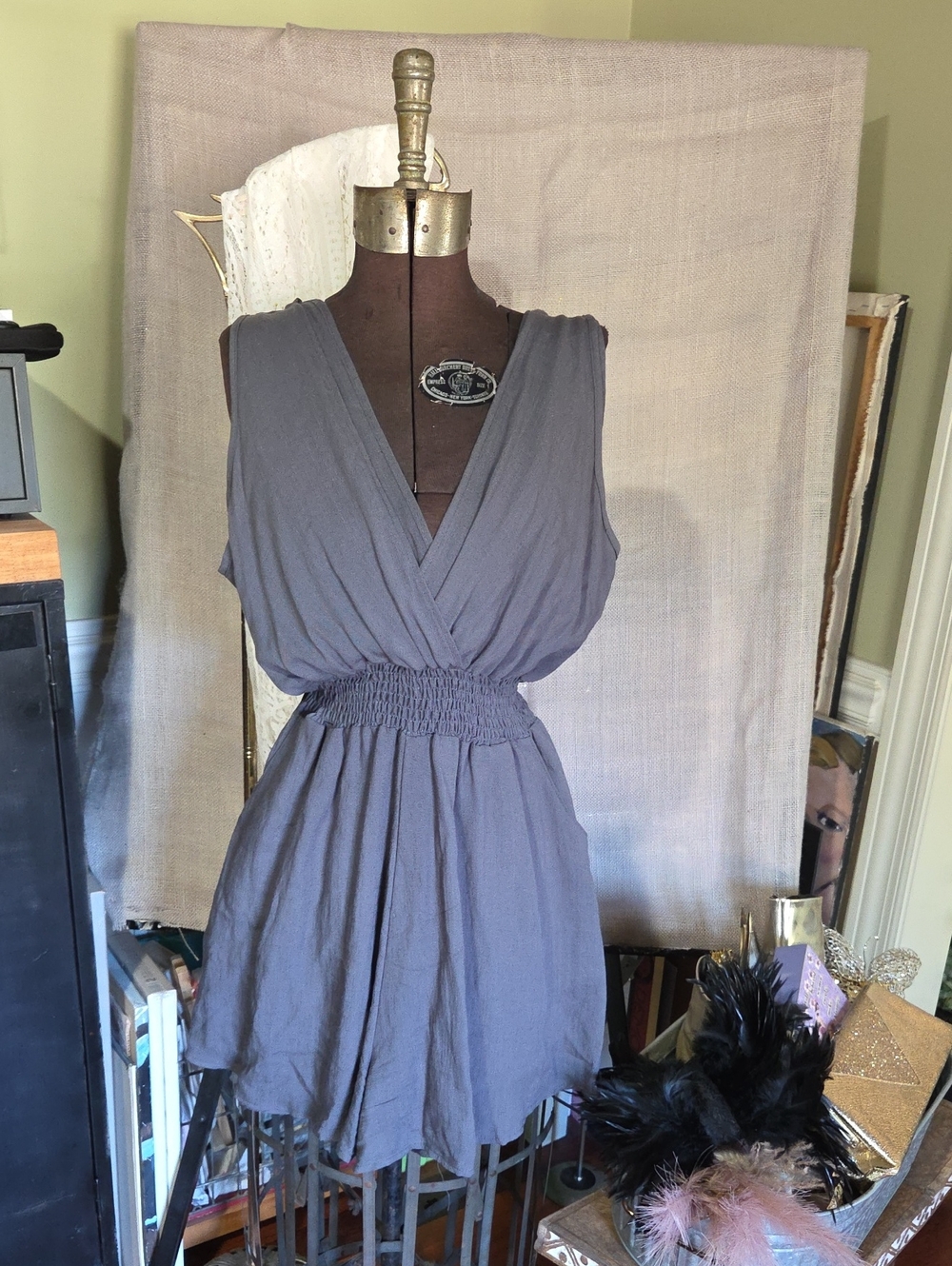 Sleeveless V-Neck Elastic Waist Romper- Gray- M